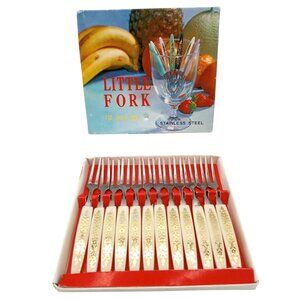 Little Fork Set 12 Piece Stainless Steel Ornate Gold Floral Handles Vintage 4 In